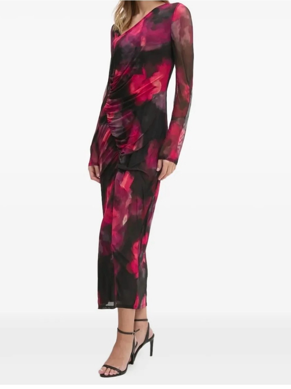 DKNY Abstract Floral Print Mesh Ruched Midi Dress Long Sleeve 12P Fuchsia Black